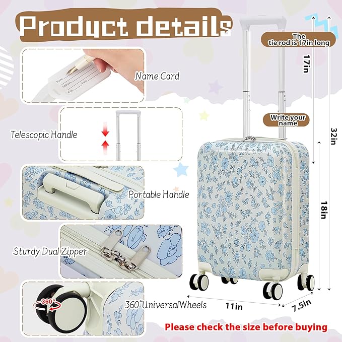 Redbaker 18 Inch 6 Pcs Kids Luggage Set Kids Rolling Luggage Double Pattern Suitcase for Boys Girls Gifts(Light Blue, Flower Style)