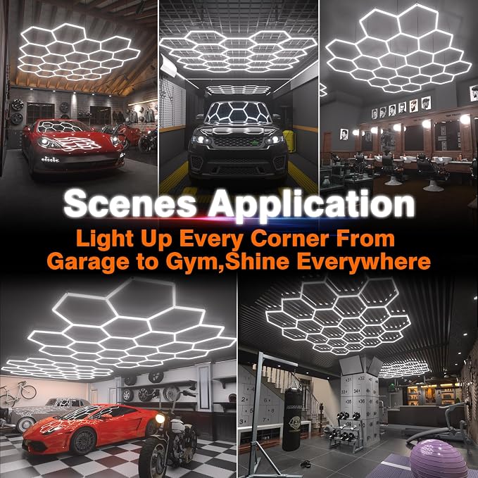 Hexagon Garage Lights : 3 Level Dimmable 581W Tube 22 Grids Hexagon LED Lights - Easy Install 6500K Super Bright Hex Light for Warehouse, Car Detailing Shop, Exhibition Hall, Gym