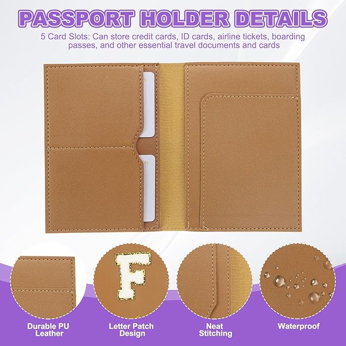 PATIKIL Passport Holder for Travel, Initial Passport Cover and Luggage Tag Set with Alphabet Chenille Letter Patch Travel Wallet Bag Suitcase Identifier for Women Family Travel Brown F