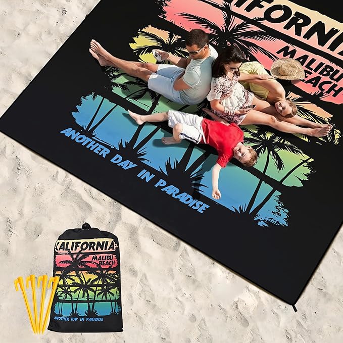 Beach Blanket Waterproof Sandproof Beach Mat 79”x 83” for 1-8 Adults Quick Drying Durable Outdoor Picnic Mat for Beach Festival Travel Camping Hiking (Rainbow Cocotree-California, 79"×83"(4 Person))
