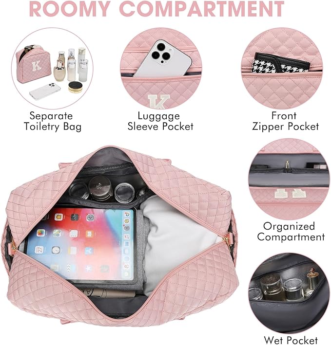 Initial Travel Duffle Bag for Women - Pink Personalized Weekender bags Overnight Bag with Shoe Compartment & Wet Pocket Weekend Tote Bags with Toiletry Bag Monogram Christmas Gifts (Letter K)