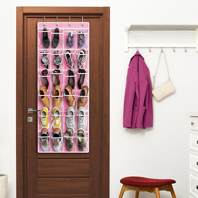 Simple Houseware 24 Pockets Large Clear Pockets Over The Door Hanging Shoe Organizer, Pink (56" x 22.5")
