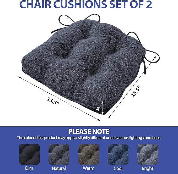 Chair Cushions for Dining Chairs Set of 2, Kitchen Chair Cushions, Chair Pads with Ties and Non Slip Backing, Tufted Memory Foam Seat Cushion 2 Pack, 15.5" x 15.5" x 4", Navy Blue