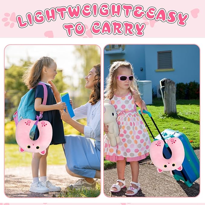 Kids Neck Pillow for Travel, Cute Cat Neck Pillow with Eye Mask for Sleeping Journey, Soft U-Shaped Travel Pillow for Airplane Car (Pink)