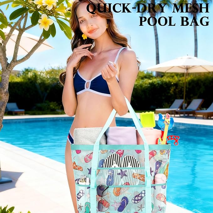 Fammart Mesh Beach Bag, Large Beach Tote with Zipper Pocket, Toys Pool Bag for Family Travel Vacation Cruise Essentials