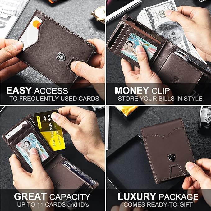 GSOIAX Slim Wallet for Men Rfid Blocking Leather Bifold Front Pocket Carbon Fiber Credit Card Holder Novelty Wallets With Gift Box (Leather Coffee)