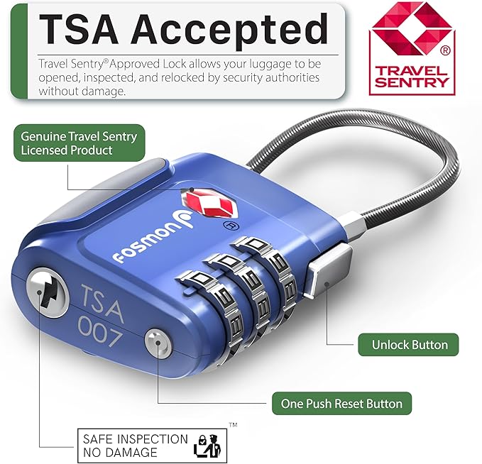 Fosmon TSA Approved Cable Locks for Luggage, Suitcase Locks with Push Release Button, 3 Digit Long Shackle Combo Wire Locks for Backpack, Gym Locker