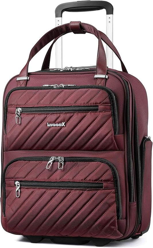 LUGGEX Underseat Carry On Luggage with Wheels, UDK Stylish Lightweight Under Seat Luggage, Soft Sided Personal Item Suitcase for Short Trip (UX-Core, Dark Scarlet, 16 Inch)