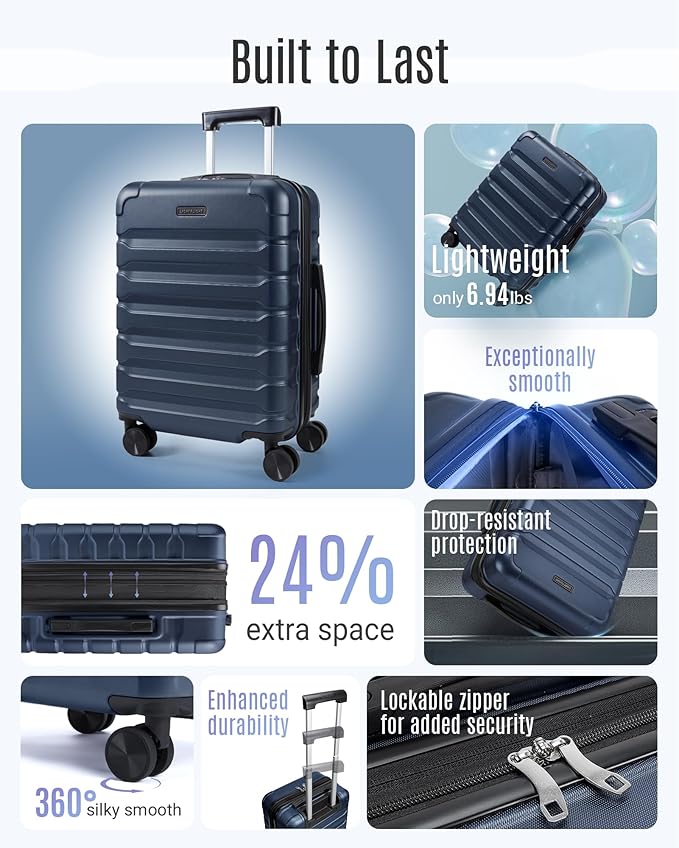 LIGHT FLIGHT Carry On Luggage 22x14x9 Airline Approved, Expandable Carry On Suitcases with Wheels, Lightweight Luggage, Durable Hard Shell 20 Inch Rolling Suit Case for Men Women Travel, Dark Blue