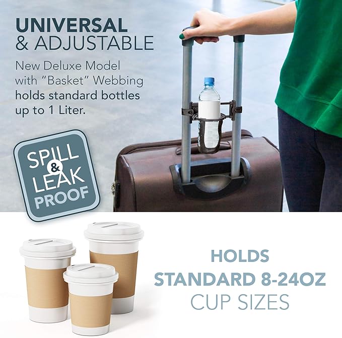 Freehand Luggage Cup Holder – Self Leveling Hands Free Drink Caddy – Fits Roll On Suitcase Handles - Holds 8 – 24 Ounce Coffee Cups or Up to 1 Liter Water Bottles Black