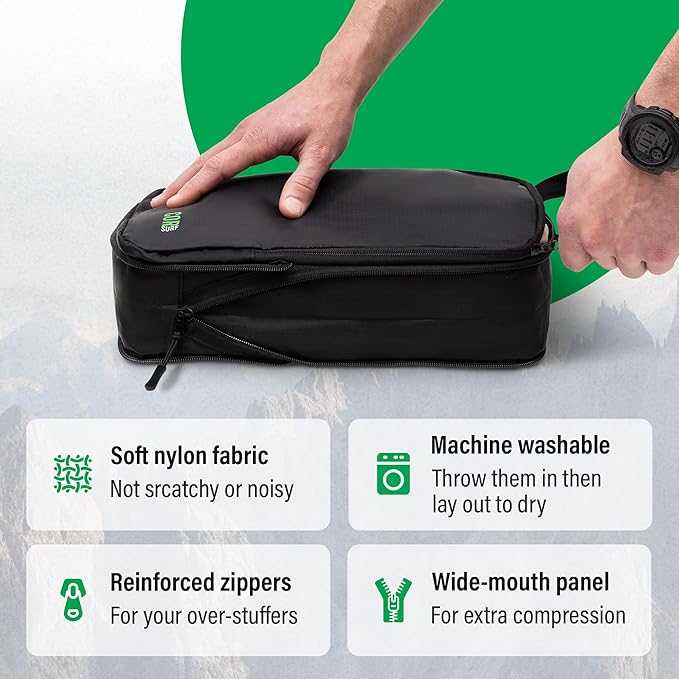 Compression Packing Cubes Travel Organizers plus Laundry or Shoe Bag with YKK Zippers (Black, 3 Piece)