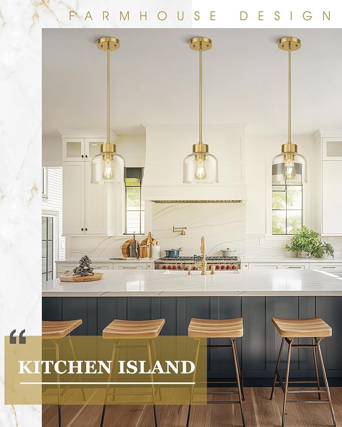 2-Pack Pendant Lights Kitchen Island, 7" Brushed Gold Hanging Lights Fixtures with Clear Glass Shade, Modern Brass Kitchen Pendant Lighting Over Island for Dining Room, AD-24024-1P2-GD