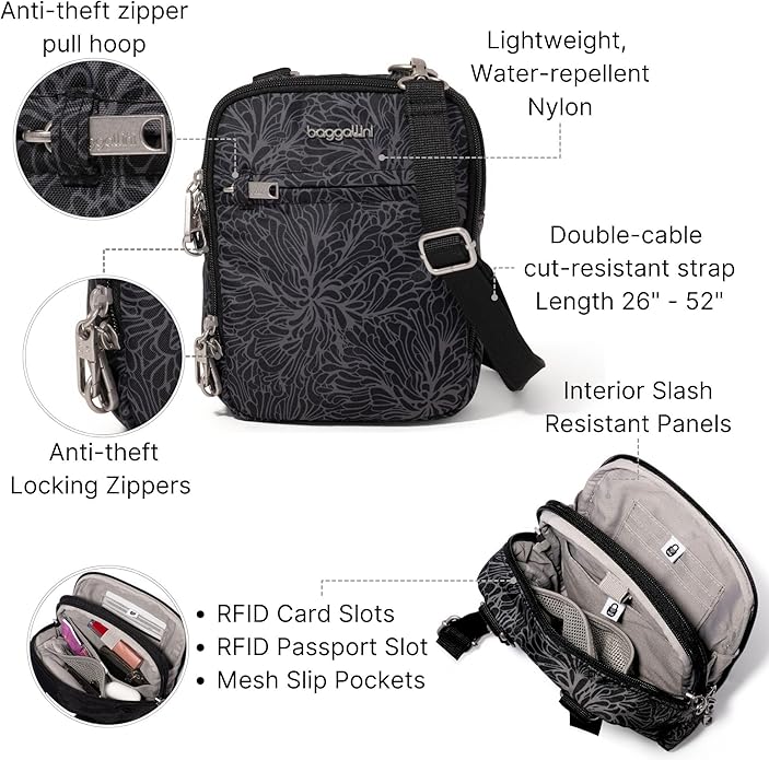 Baggallini Securtex® Anti-theft Mini Everything Crossbody Bag, 6.3"x8.25" Rfid, Locking Zippers & Cut-resistant Strap
