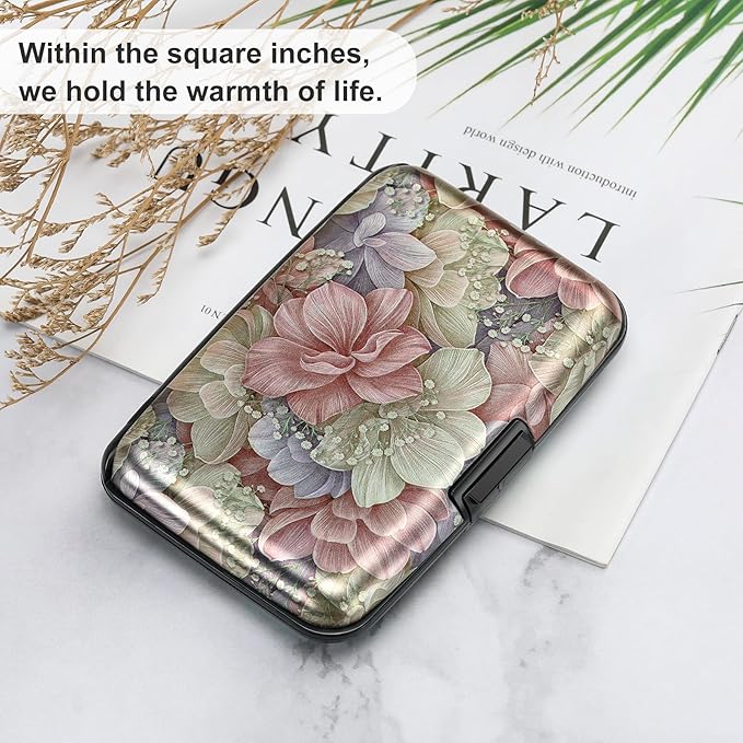 ELFISH Mini RFID Aluminum Wallet Credit Cards Holder Business Card Case Metal ID Case for Men Women（Happy Flower