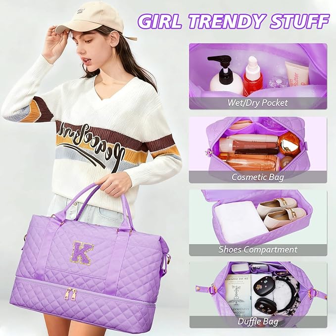 Gift for Teen Girl Initial Travel Duffle Bag Quilted Weekender Bags Carry-On Overnight with Cosmetic Bag, Gym Bag with Shoe Compartment Hospital Bag for Women Labor Delivery, Purple-K