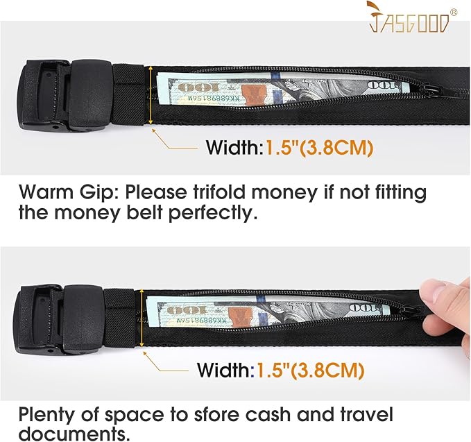 Travel Security Money Belt with Hidden Money Pocket - Cashsafe Anti-Theft Wallet Unisex Nickel free Nylon Belt by JASGOOD