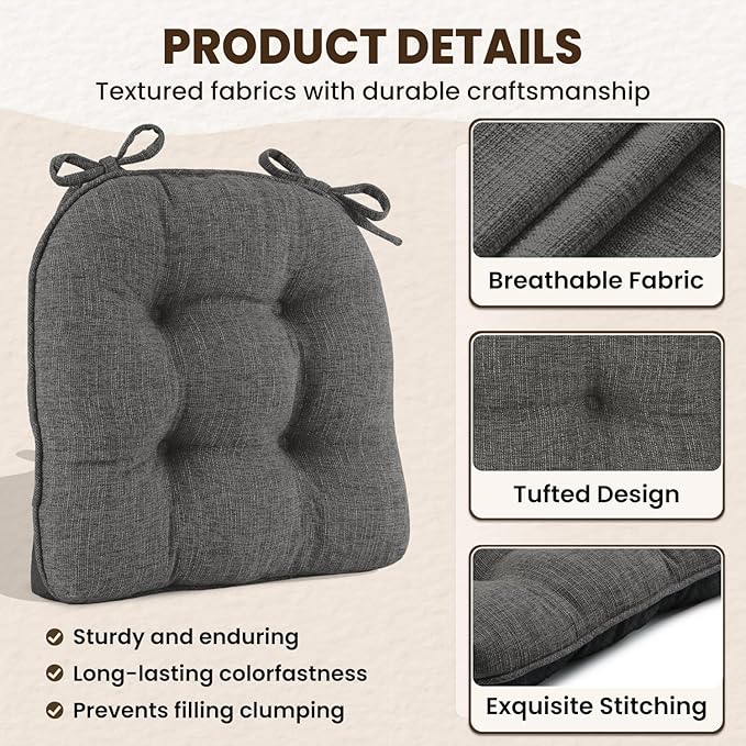 downluxe Indoor Chair Cushions for Dining Chairs, Tufted Overstuffed Textured Kitchen Chair Pads with Ties and Non-Slip Backing, 16.5" x 16.5" x 4", Dark Grey, 4 Pack