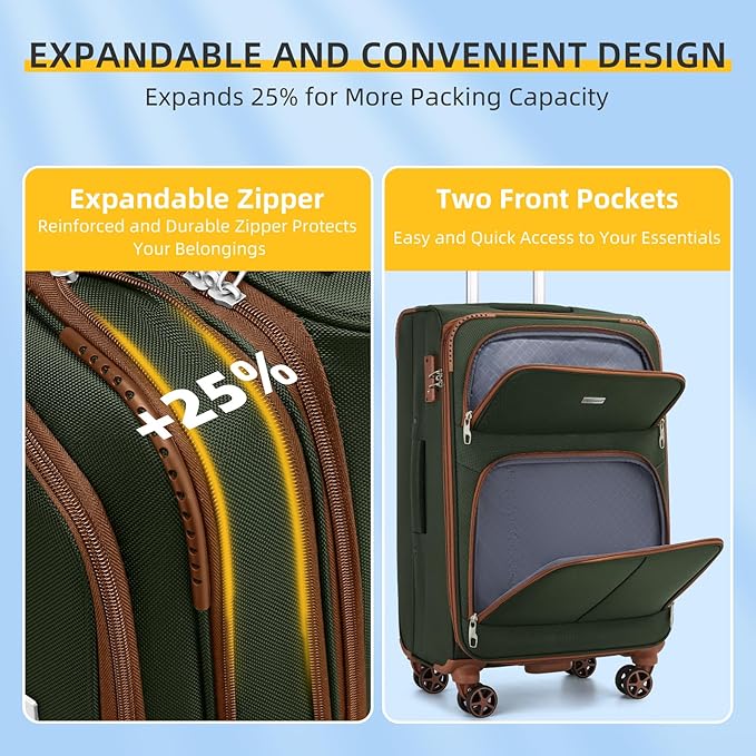 LARVENDER Luggage Sets 5 Piece Softside Expandable Suitcases Set with Spinner Wheels TSA Lock, Lightweight Soft Shell Rolling Travel Luggage Set Clearance for Men and Women, Green Brown