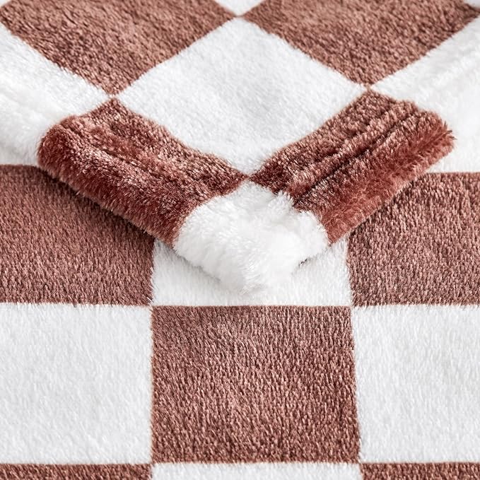 Brown Checkered Blanket, Ultra Soft Cozy Flannel - Checkered Grid Print Throws for Bed Sofa Couch, Luxury Throw Blanket for All Seasons, 50x60 Inch, Brown