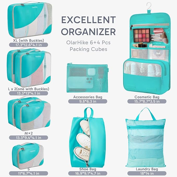 10 Set Packing Cubes for Travel, Gifts for Women Mom,Anti-Tearing Suitcase Organizer for Luggage with Shoe & Hanging Toiletry Bag,OlarHike Vacation Essentials & Accessories for Cruise Ship