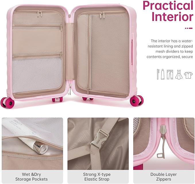 Luggage Sets 3 Piece, Carry On Luggage 22x14x9 Airline Approve PC Hardside Suitcase Set with Wheels TSA Lock, Durable Carry-On Suitcase with Duffel Bag for Women (Pink)