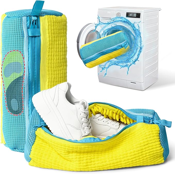 Anybar Shoe Washing Machine Bag –2 Pcs Reusable Laundry Shoe Bag 360° Deep Cleaning Sneaker Washing Machine Bag Fits All Shoe Types Microfiber Inside with Self-locking Zipper (Yellow)