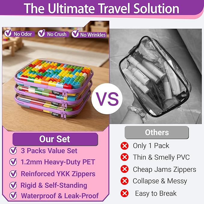 YQBRA 3 Pack Clear Hard Shell Zipper Case, See-Through Hard Plastic Organizer Pouches with Zipper for Travel, Toiletries, Makeup, Electronics & Pencils - Crush-Resistant Storage (L Purple)