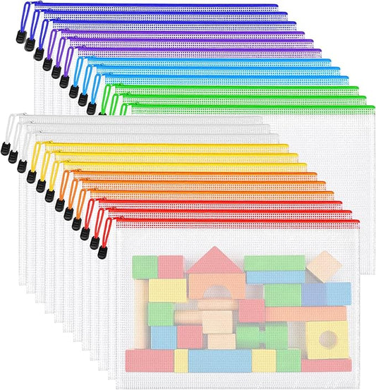24pcs Mesh Zipper Pouch Bags, A3 Large Size 8 Colors Plastic Zipper Bags for Organizing Storage, Clear Pouches with Zipper, Waterproof Mesh Bags for School Supplies, Home Organize, Travel Storage