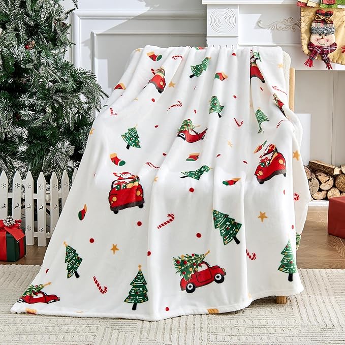 Christmas Blanket - White Holiday Throw with Santa Claus & Snowman - Warm Cozy Fleece Winter Blanket, 50x60 Inches，White