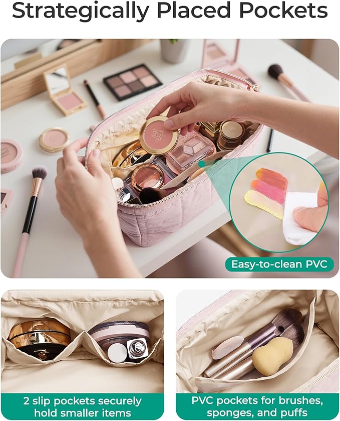 BAGSMART Makeup Bag Travel Cosmetic Bag, Puffy Padded Make Up Bags for Women Makeup Organizer Case, Wide-open Pouch Purse Travel Essentials Toiletries Accessories Brushes, Mossy Green