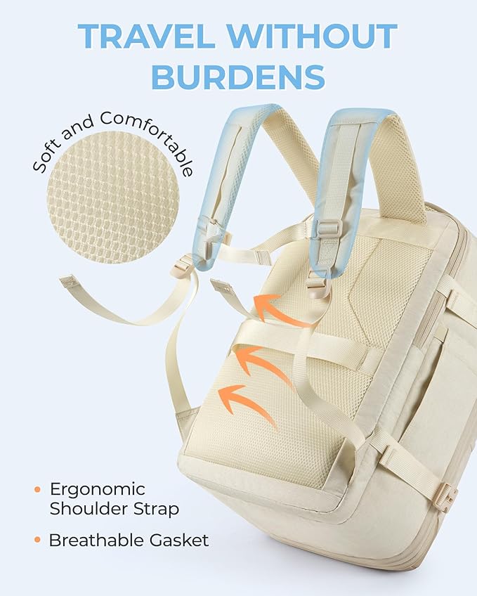 BAGSMART Compression Travel Backpack, 37L Expandable Carry On Backpack with Packing Cubes, Water Resistant Weekender Backpack with Shoe Bag, Warm Beige