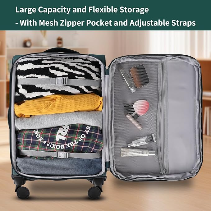 3-Piece Softside Expandable Luggage Set with Front Open Pocket, Lightweight and Durable Oxford Fabric Suitcase Set with TSA Lock (Dark Green, 20in/24in/28in)