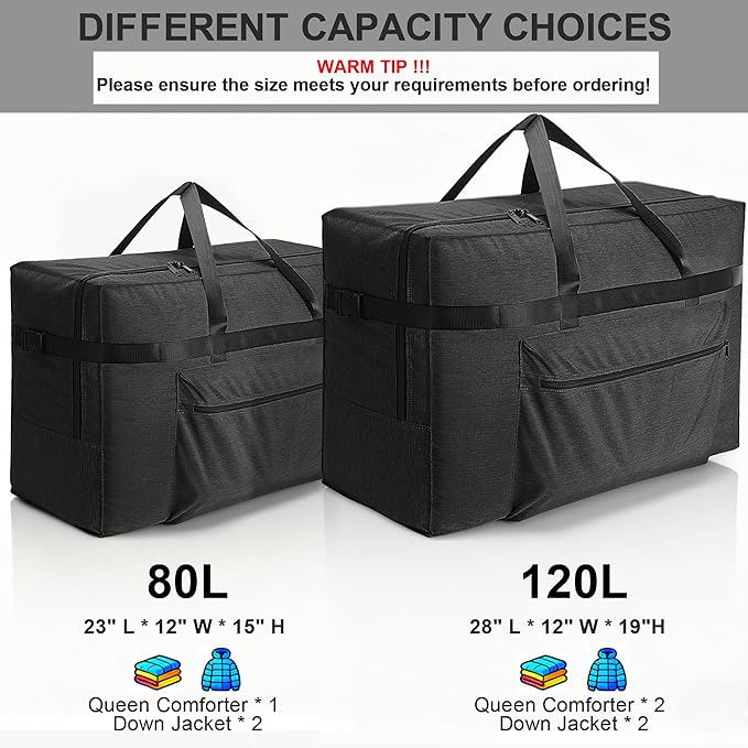 SUNUP Extra Large Duffle Bag for Travel, 120L Foldable Travel Duffel Bag for Men Women, Waterproof Overnight Weekender Moving Storage Bags, Black