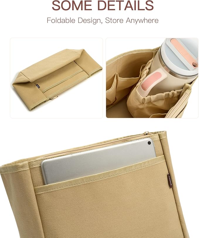 TOVICE Tote Bag Organizer Insert with Stanley Cup Holder and Zipper Bag, Compatible with Neverfull, Saint Louis and More, 9 Pockets (Beige, X-Large)
