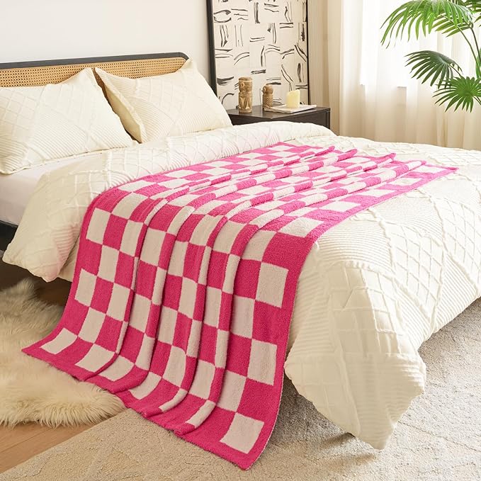 Checkered Blanket, Cozy Soft Throw Blankets for Couch Bed, Fluffy Plaid Lightweight Comfy Travel Picnic Blanket Gifts for Sofa Chair Living Room Camping (Hot Pink, Throw 50"x60")