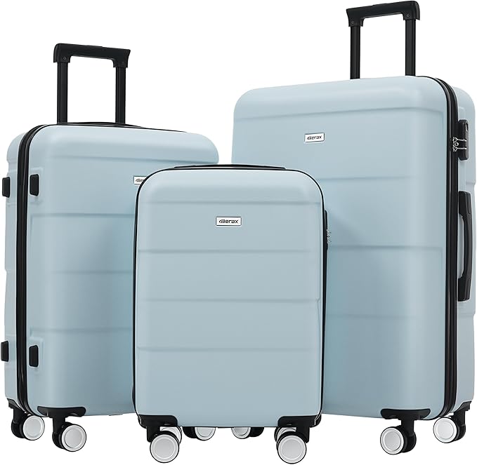 Merax Luggage Set, 3 Piece Hardcase Luggage with Double Spinner Wheels, Carry on Suitcase Airline Approved,20+24+28 inch,Light Blue