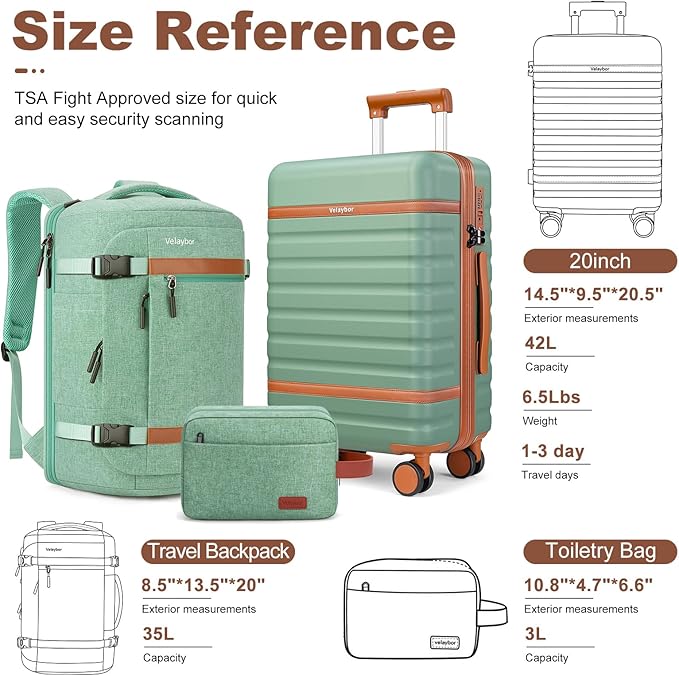 Luggage Sets 3 Piece with Spinner Wheels, Lightweight PC Hardside Suitcase with TSA Lock & YKK Zippers, 20 Inch Carry On Luggage with Travel Bag for Men and Women, Green