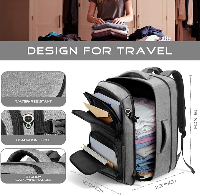 Travel Backpack for Men, Expanable Carry on Backpack, TSA 17.3 inch Laptop Bag Flight Approved, Lightweight Business Luggage Bag, Travel Gifts for Men Women, Grey
