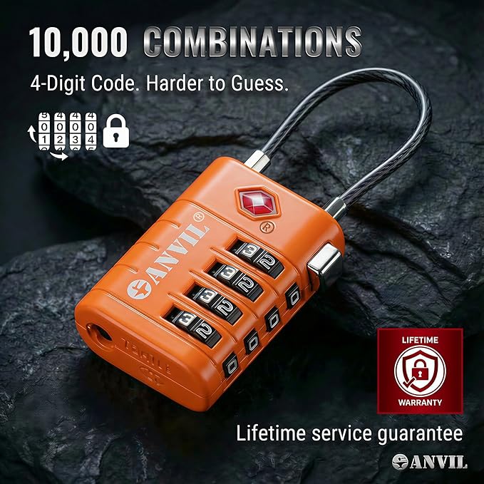 ANVIL TSA Approved Luggage Locks with Search Alert Indicator, 4-Digit Combination Suitcase Lock, Advanced TSA008 Core Heavy Duty Anti-Theft Travel Lock for Double Zippers, Backpacks (3, Orange)