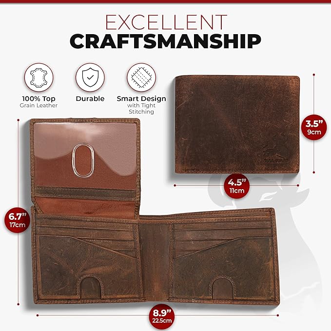 BULL GUARD Vintage Crazy Horse Leather Wallet for Men RFID Blocking Bifold Secure & Durable Extra Capacity with 11 Credit Cards Slots, Flip Up ID, Tight Stitching, Quick Thumb Push Access, Gift Boxed