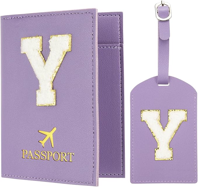 PATIKIL Passport Holder for Travel, Initial Passport Cover and Luggage Tag Set with Alphabet Chenille Letter Patch Travel Wallet Bag Suitcase Identifier for Women Family Travel Purple Y