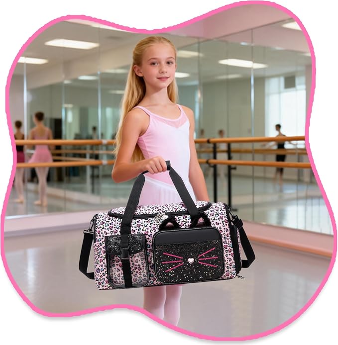 Kids Duffle Bag Girls Travel Bag Gifts for Girls Cat Gymnastics Dance Bags for Kids Overnight Sleepover Bags for Girl with Shoes Compartment