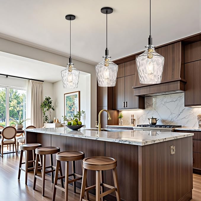 Hammered Glass Pendant Light for Kitchen Island 1 Pack Black Gold 8 Inch | Adjustable cord Dimmable, E26 bulbs, Rust-resistant Damp Rated For Bathrooms, 5-Year Manufacturer Warranty, UL Certification