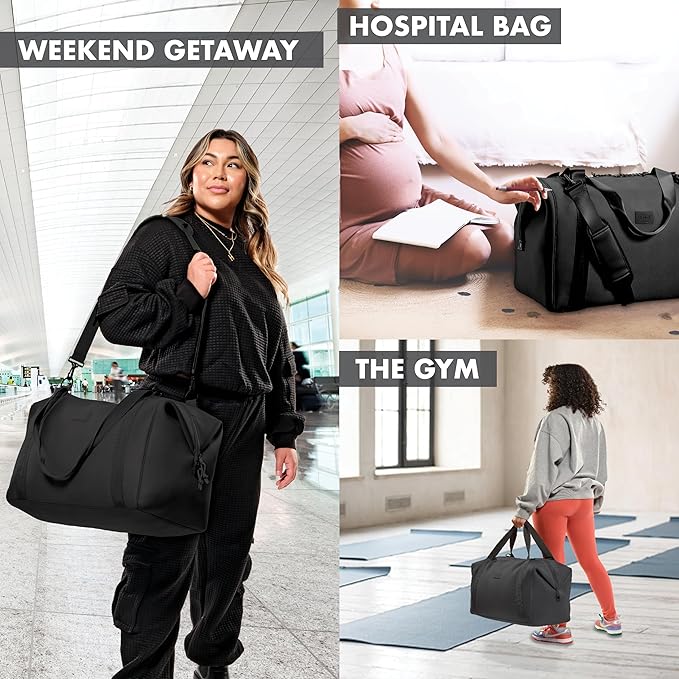 Fit & Fresh Neoprene Weekender Bag for Women – Carry-On Friendly Travel Duffel with Expandable Sides, Trolley Sleeve & Pockets – Lightweight, Water-Resistant Overnight Bag for Weekend Trips + Gym