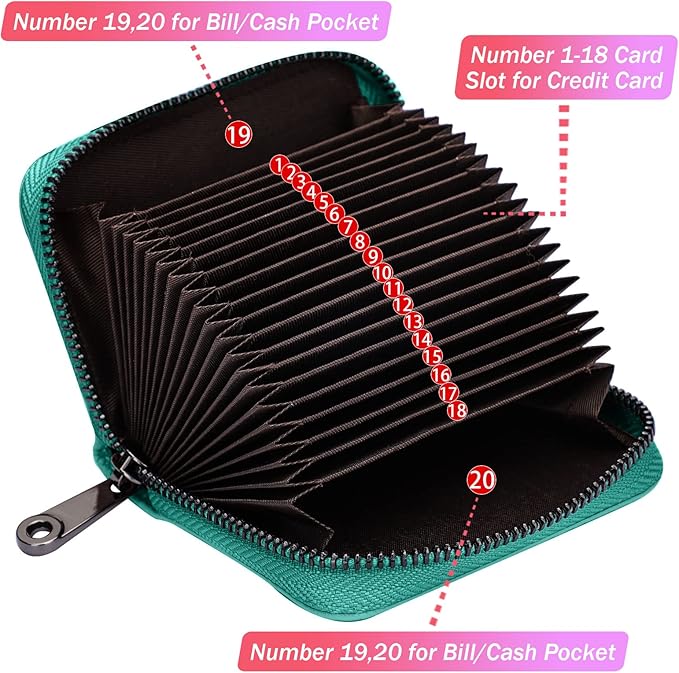 Linno RFID 20 Slots Credit Card Holder Genuine Leather Small Wallet for Women or Men with Zipper