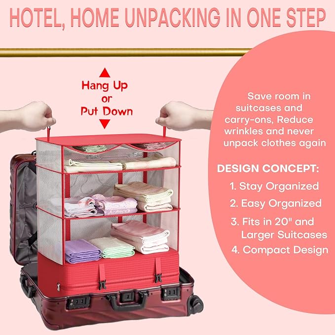 Compressible Packing Cubes Portable Hanging Closet Shelves 17"x12"x24" Extendable Travel Organizer Nylon Packing Bags for Suitcase