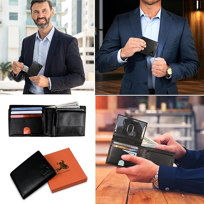 BULL GUARD Mens RFID Blocking Bifold Wallet Smooth Top Grain Leather Nappa Black, Secure and Durable Extra Capacity Billfold With 10 Credit Card Slots, Flip Up ID, Tight Stitching and Coin Pocket