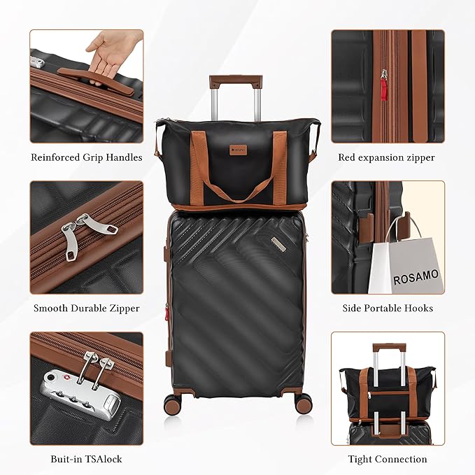 5 piece Luggage Set Expandable Suitcase 22x14x9 Airline Approved Carry on, ABS Hard Case Suitcases with Spinner Wheels, TSA Lock (Black)