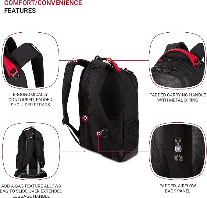 SWISSGEAR Cecil 18-Inch Laptop Backpack Fits 16-Inch Laptop, Travel Daypack with Organizer Pockets, Water Bottle Holders & Padded Straps – Camo Noir