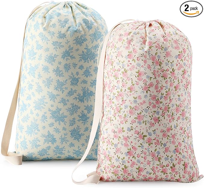 SATINIOR 2 Pcs Floral Laundry Bags 29" x 18" Pink Blue Canvas Travel Laundry Bags with Drawstring Shoulder Straps Washable Dirty Clothes Hamper Organizer for College Dorm Laundromat Apartment Camping
